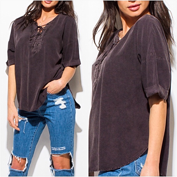 Relaxed Sexy Boho Lace Up Acid Wash Top SMLXL - Picture 2 of 7